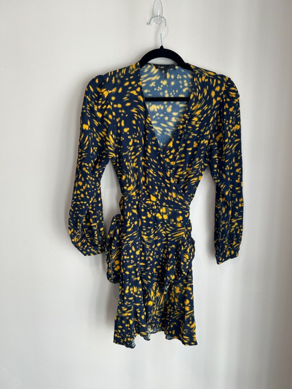 Maje Rosetta Swirling Dot Wrap Dress Ruffle Mini Navy Yellow Size 1 - Picture 2 of 12
